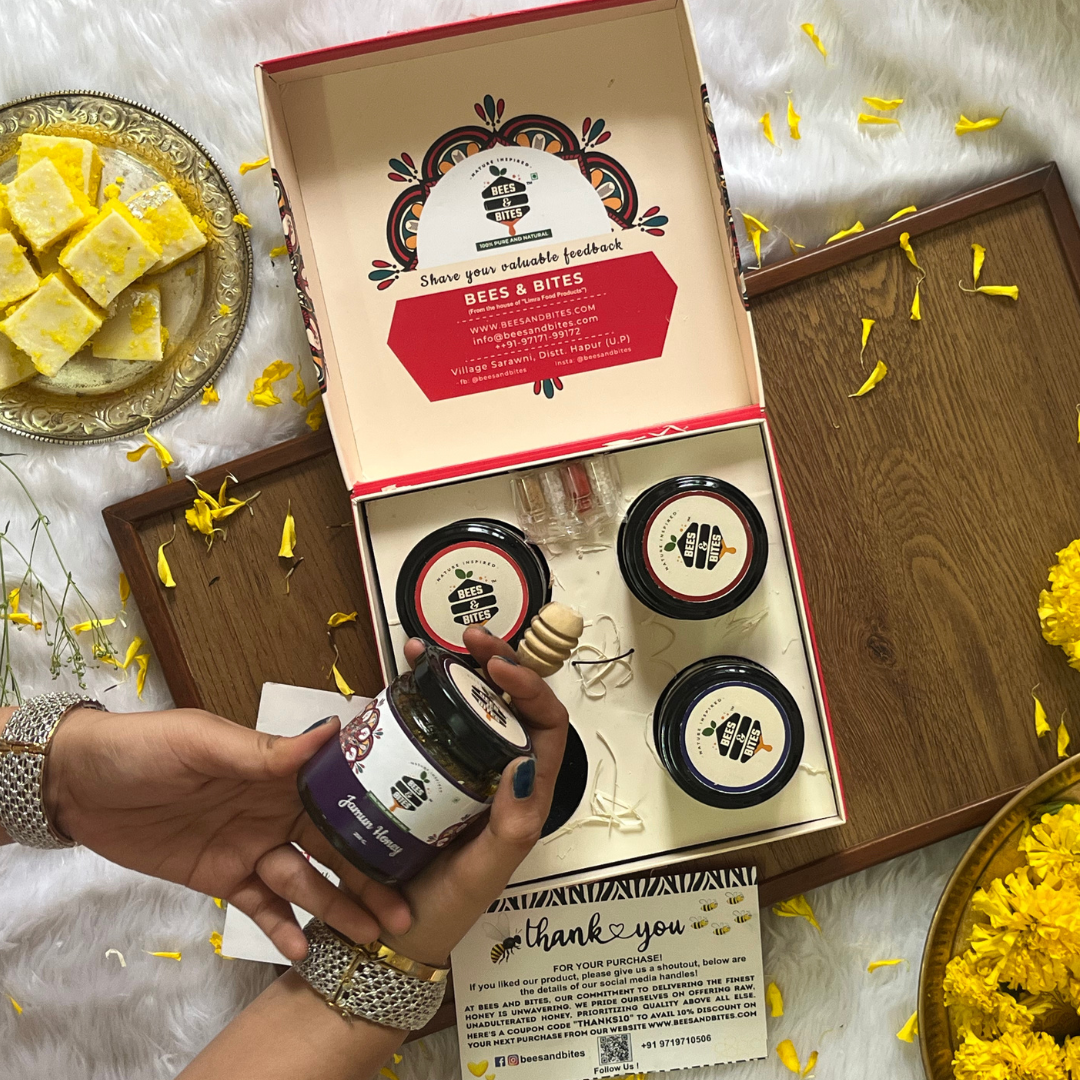 Raksha Bandhan Honey Gift Combo – 4 Flavored Honey Jars (250ml) with Rakhi & Kumkum-Chawal