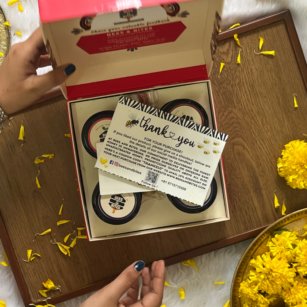 Raksha Bandhan Honey Gift Combo – 4 Flavored Honey Jars (250ml) with Rakhi & Kumkum-Chawal